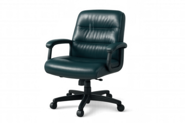 Ergonomic green leather office chair providing professional comfort, positioned on transparent background for workspace design concepts