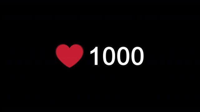 Animated Red Heart Like Counter Increasing From 0 to 1000 on Transparent Alpha Channel Background