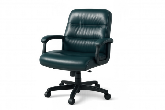 Ergonomic green leather office chair providing professional comfort, positioned on transparent background for workspace design concepts