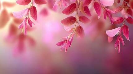 Elegant pink floral background with hanging leaves and soft bokeh light, spring nature vector illustration for romantic design, social media wallpaper and branding