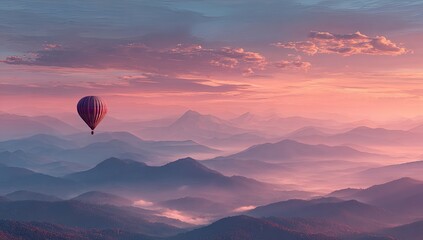 Fototapeta premium Scenic hot air balloon above misty mountain range at sunset