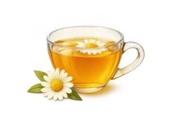 Glass cup of chamomile tea with chamomile flowers on transparent background