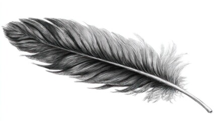 Fototapeta premium Realistic monochrome detailed drawing of a fluffy, curved bird feather