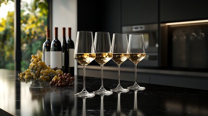 Elegant white wine tasting setup in a modern kitchen with bottles, glasses, and fresh grapes by a large window