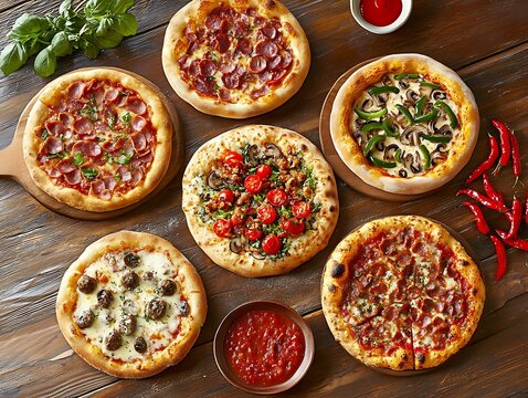 Six diverse fresh gourmet pizzas with various toppings, perfectly baked and arranged on a rustic wooden table - Powered by Adobe