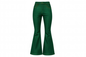Green flared jeans lying flat on transparent background, highlighting trendy cut and vibrant color