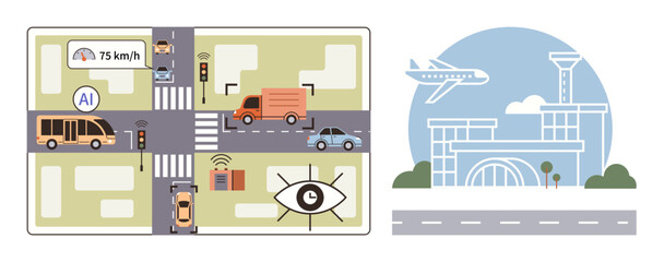 Automated vehicles at a busy AI-managed intersection with traffic sensors. Adjacent modern airport with flying plane. Ideal for mobility, AI, automation, transportation, urban design, technology