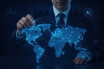 Executive creating holographic global supply chain network with AI-powered analytics dashboard