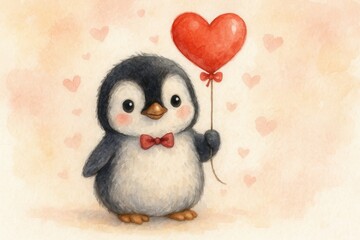 Adorable illustrated baby penguin offering heart-shaped balloon for Valentine's Day