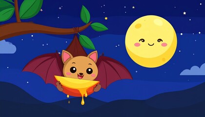 Cute bat eating fruit at night