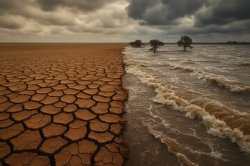 Climate crisis visualization showing cracked earth transitioning to flooding in split-screen environmental warning