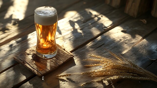 A refreshing glass of golden craft beer with frothy white head on a rustic wooden table, illuminated by sunlight and shadow.