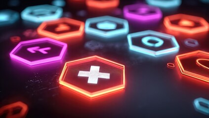 Glowing hexagonal icons with symbols on dark surface, high-tech art