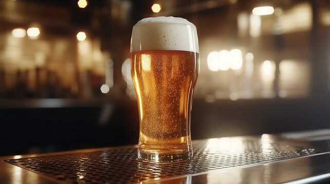 Refreshing golden beer pint with a foamy head, perfectly chilled on a reflective bar counter in a cozy, ambiently lit bar scene.