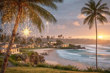Tropical Christmas Scene Palm tree with lights and coastal resort at sunset.