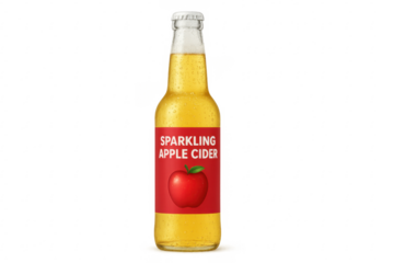 Sparkling apple cider bottle with condensation on transparent background