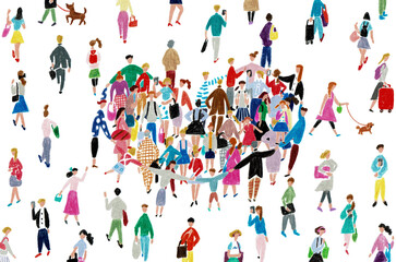 手描きイラスト　手をつないだ様々な人々がハート型に集まっている様子