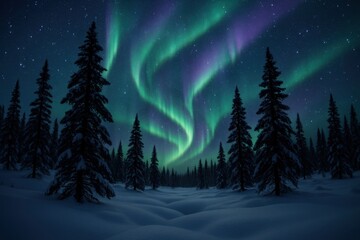 Naklejka premium Enchanting winter night landscape with snow-covered pine forest under starry sky and northern lights