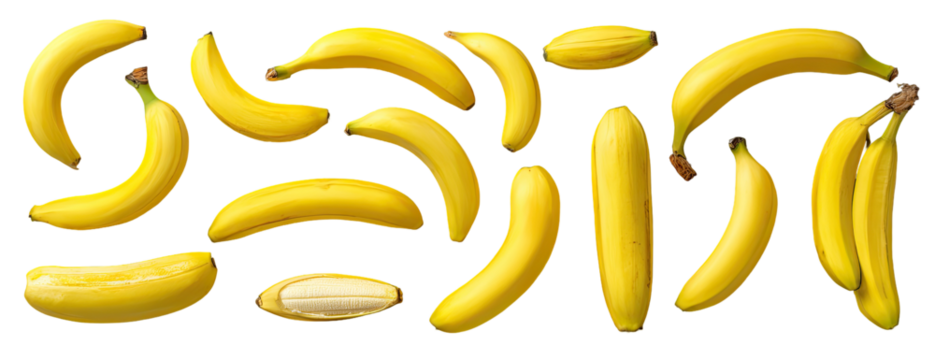 A pattern of many yellow bananas, outlined in black, arranged in a swirling design against a black background. Some bananas show a  portion of their inner white flesh