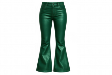 Studio shot of shiny green bell bottom pants isolated on transparent background, perfect for fashion projects