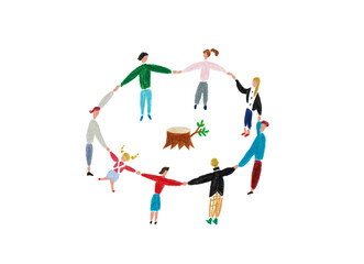 手描きイラスト　人々が協力し再生しようとする様子