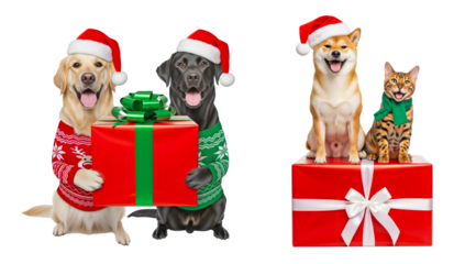 Christmas dogs and cats with red gift boxes, golden retriever and black lab in sweaters holding a present, Shiba Inu and Bengal cat sitting on wrapped box, front view, soft studio light, joyful mood, 