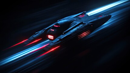 Futuristic spacecraft in motion against a dark background.