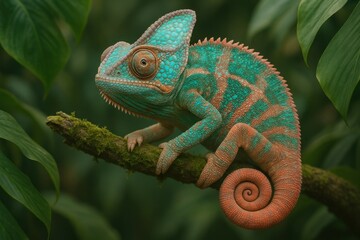 Majestic color-changing chameleon perched on tropical branch displaying vibrant turquoise and coral patterns
