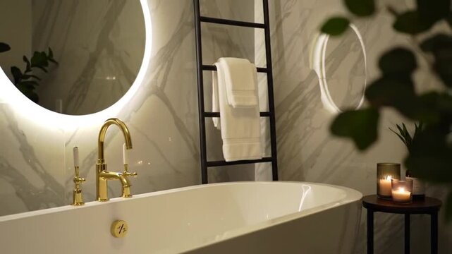 Bathroom view with tub ladder and lighted round mirrors design