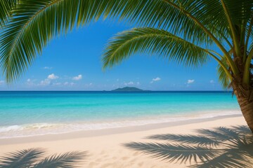 Pristine tropical beach paradise with overhanging palm fronds creating natural frame for turquoise waters
