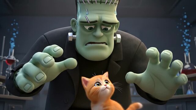 Animated Frankenstein character looking at a cute orange kitten in a laboratory setting.