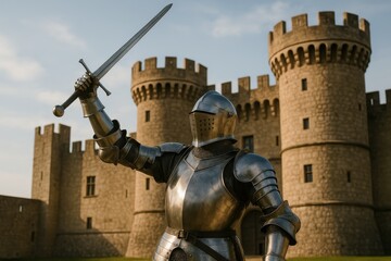 Medieval warrior in authentic armor wielding sword during historical reenactment