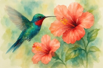 Fototapeta premium Delicate hummingbird hovering near tropical flowers painted in luminous watercolor technique
