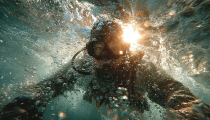 Underwater diver sharing oxygen with a tsunami survivor, visible air bubbles and sunlight rays for World Humanitarian Day