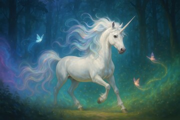 Ethereal unicorn galloping through rainbow mist in enchanted forest with butterflies and magic sparkles