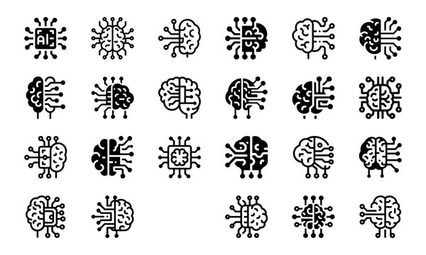 Artificial Intelligence Brain Chip Icon Set – Neural Network Technology, Machine Learning, and Digital Circuit Connection Symbol Collection in Modern Line Style