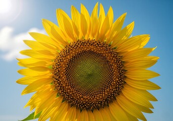 Sunflower Blooming in Bright Sunshine with Blue Sky Background.