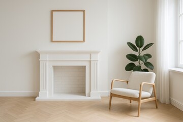 Scandinavian living room with white fireplace mantle and blank frame mockup in minimalist interior