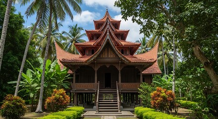 Fototapeta premium Traditional Minangkabau Rumah Gadang house with unique buffalo horn roof architecture in a lush tropical palm forest in Sumatra, Indonesia