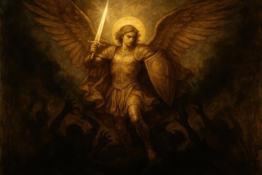 Majestic archangel Michael wielding flaming sword defending against darkness with golden wings spread