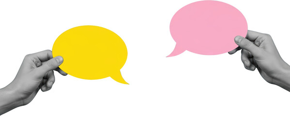Two Hands Holding Colorful Speech Bubbles Against A Transparent Background Isolate Collage Art Talk Communication