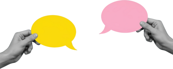 Two Hands Holding Colorful Speech Bubbles Against A Transparent Background Isolate Collage Art Talk Communication