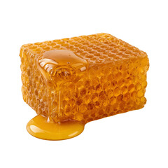 Glistening honeycomb cube drenched in golden honey against a stark black canvas