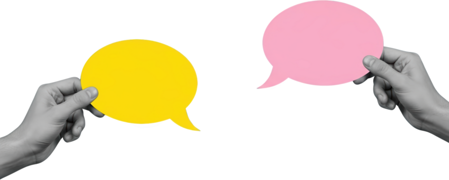 Two Hands Holding Colorful Speech Bubbles Against A Transparent Background Isolate Collage Art Talk Communication