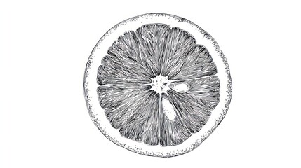 Cross-section of citrus fruit rendered in detailed monochrome stippling