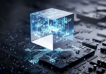 Digital Concept of Git. Version Control System with Futuristic Cube on a Circuit Board.