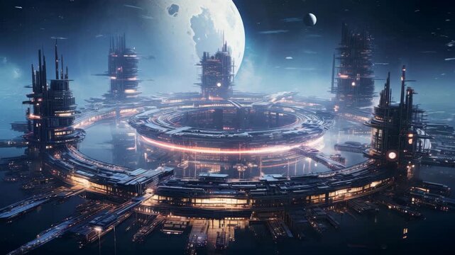 sci fi space city with glowing circular station