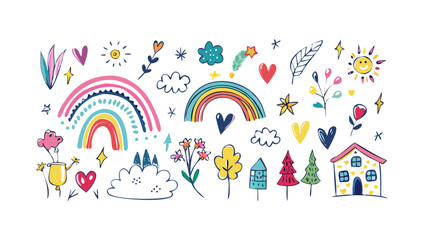 Colorful doodle set featuring rainbows, hearts, stars, clouds, flowers, suns, trees, houses, leaves, and plants in a whimsical design