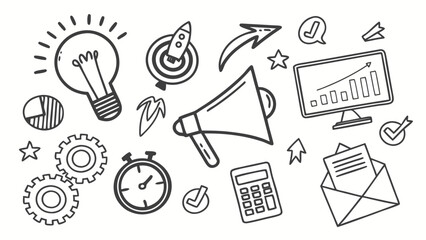 Hand drawn business doodles featuring icons of idea, rocket, arrow, star, monitor, gear, stopwatch, calculator, envelope, pie chart and megaphone