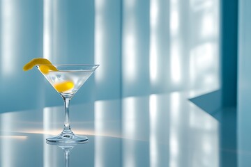 Martini glass with lemon twist on blue counter-A classic martini served in a cocktail glass with a lemon twist garnish, placed on a glossy blue counter with soft light.
